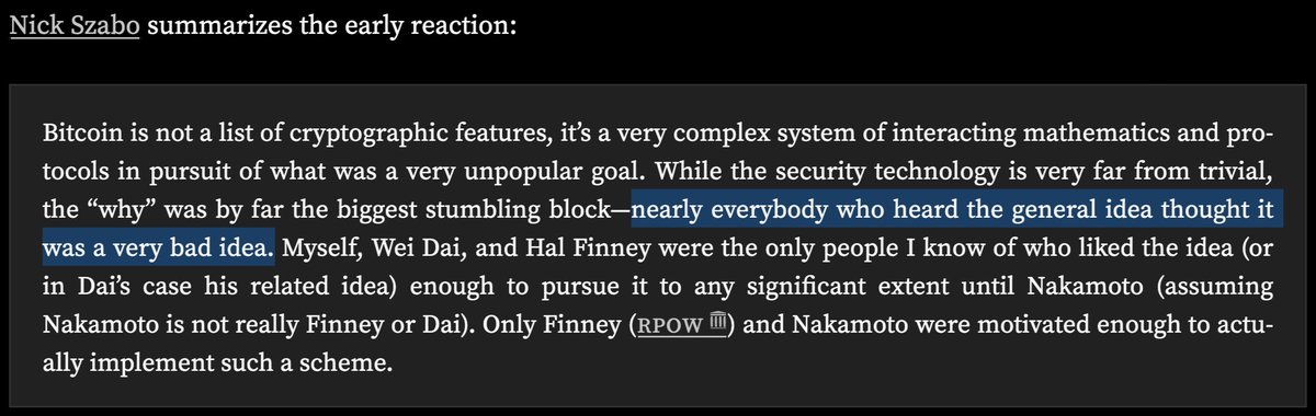 That was the real innovation... because, practically speaking,  #Bitcoin   is a very unpopular, very bad idea — an idea that routinely loses in the free market of ideas (see Szabo below). The genius trick was making it accepted by human minds.