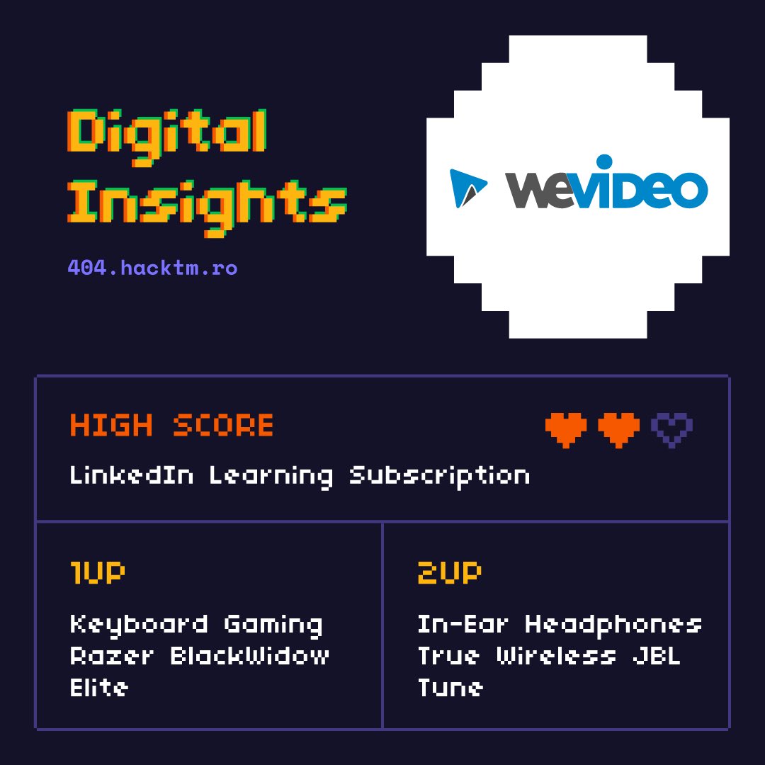 Bored indoors? Well, a LinkedIn Learning subscription, a mechanical keyboard or a wireless set of JBL headsets would definitely edit your at-home playtime.

Jump on WeVideo’s Digital Insights challenge track at HackTM 404 and grab their prizes!

More on ➡️ hacktm.ro