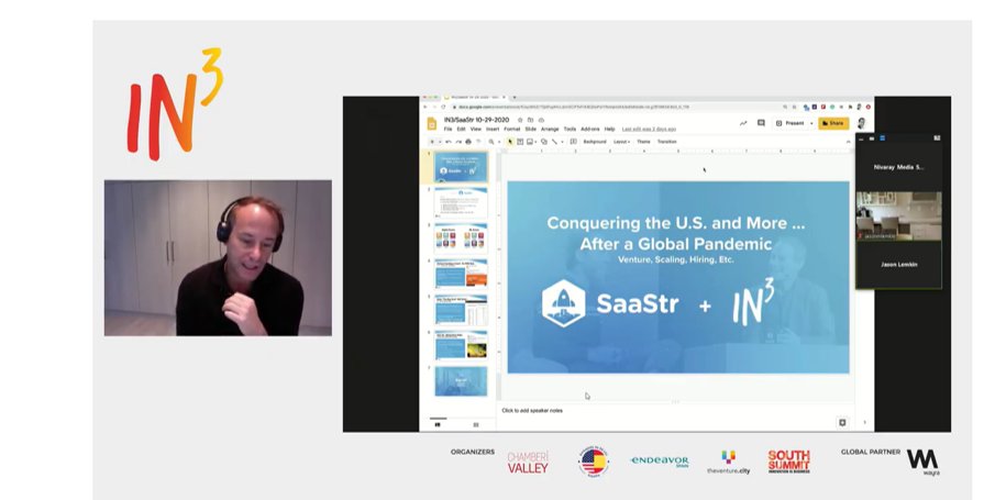 Empieza la intervención el inversor y empresario Jason Lemkin <a href="/jasonlk/">Jason ✨👾SaaStr.Ai✨ Lemkin</a> que hablará sobre #ScaleUps y de cómo irrumpir en el mercado estadounidense. #in3spain  2020.southsummit.co/EN/in3/Live-St…
