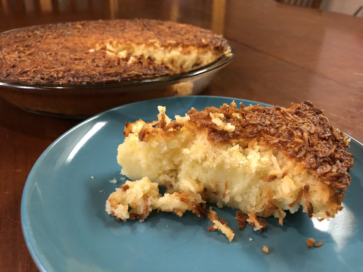 LFrostWrites's tweet photo. Impossible Pie. Soufflé-like custard on the inside, flavorless coconut on top. Sometimes no matter how you mix the ingredients, the result is not what you were hoping for. 

#PieOfTheMonth #pie #ImpossiblePie @TheDreamAvenger https://t.co/ANOHfCmYMU