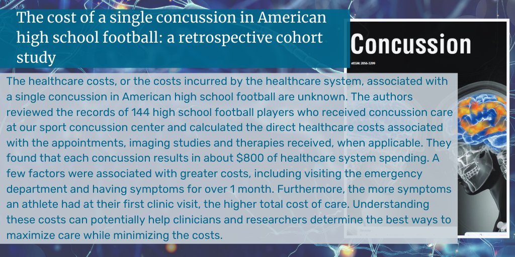 In this article, the authors describe the healthcare costs associated with an #Americanfootball-related #concussion and determine factors associated with increased costs >> futuremedicine.com/doi/full/10.22…  @VUMC_VSCoRe @VUMC_Neurosurg