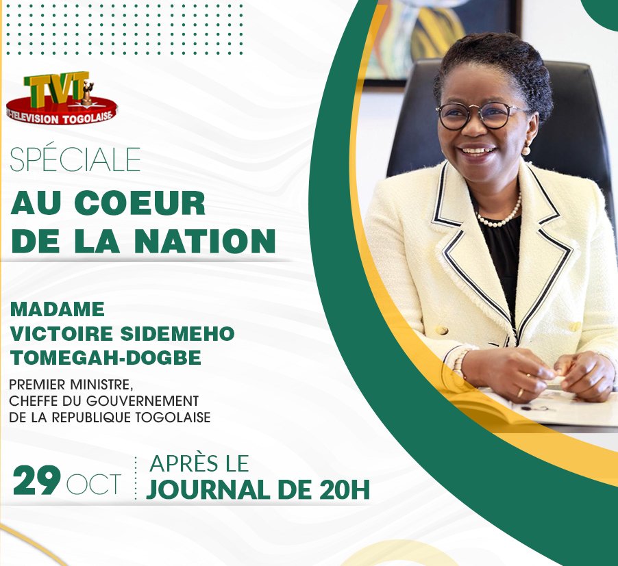 Suivez ce soir sur la TVT juste après le Journal de 20h, l’intervention de Mme le Premier Ministre @DogbeVictoire, sur la feuille de route 2020 - 2025. https://t.co/wLpMOCidJx