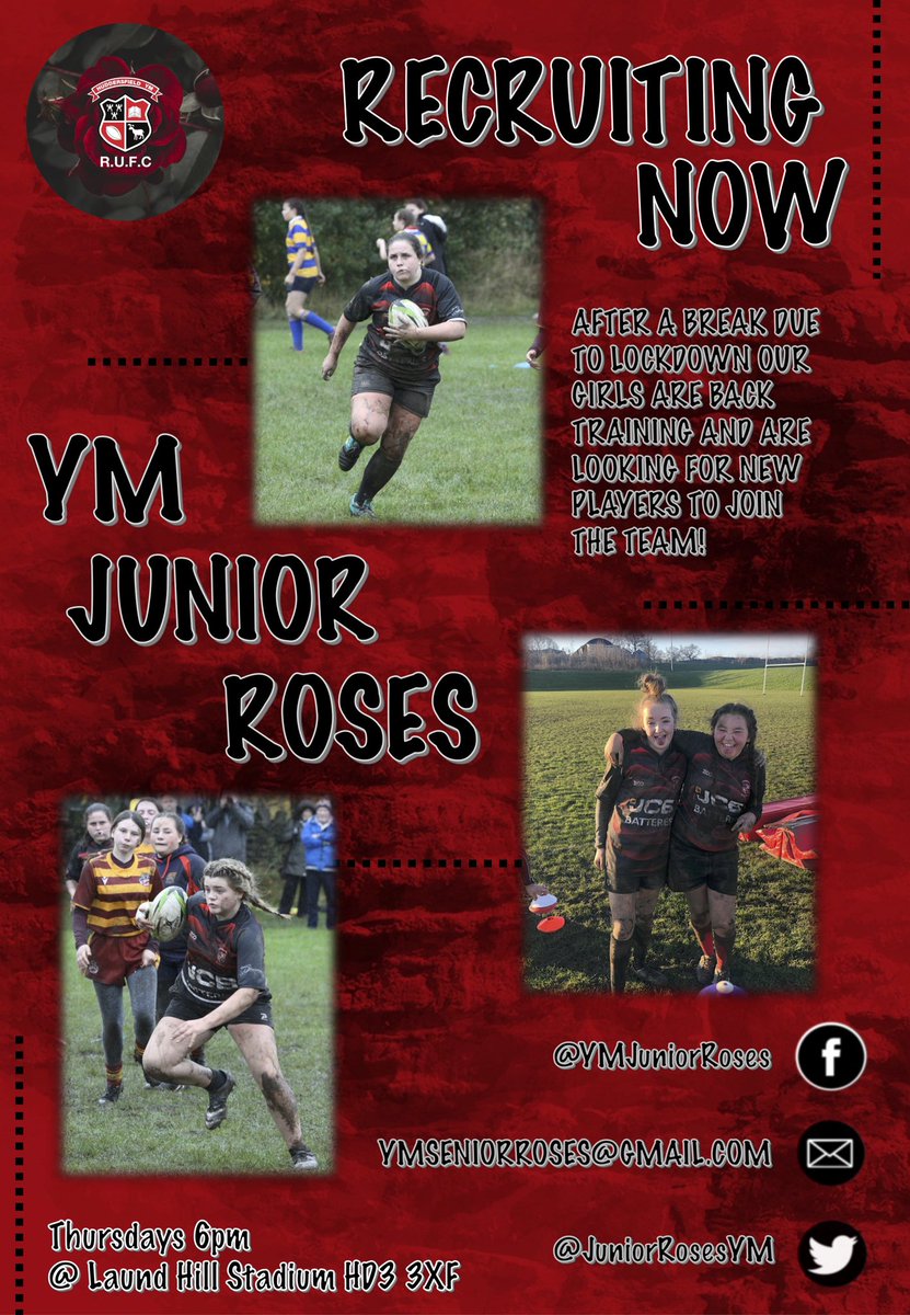 ⚫️🔴 RECRUITING NOW 🔴⚫️

Our girls are back training and wanting new players to join the team!! 

If you’ve got an questions feel free to pop us a message or come along and give our training a try?

The girls train Thursdays 6pm @ Huddersfield YM 🏉
