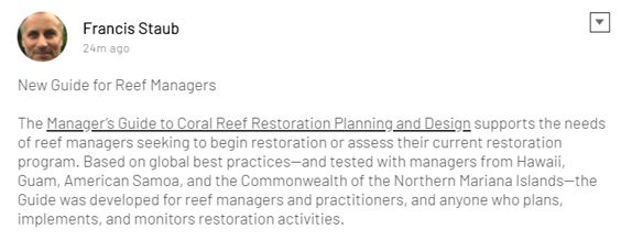 Today we're spotlighting UpLink member Francis Staub ( @ICRI_Coral_Reef ) for his contribution to the Ocean Community.

🌊 Learn more about his guide for fellow reef managers below: buff.ly/35z8jL9 #UpLinkOcean