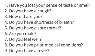 Read about our algorithm, based on millions of symptom surveys, that combines answers from nine simple questions to predict the probability that your symptoms are due to COVID-19

acsh.org/news/2020/10/2…