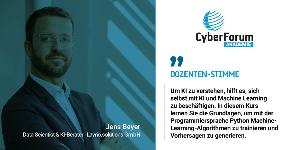 CyberForum's tweet photo. News aus der #CyberForum #Akademie!
Unser KI-#Weiterbildungsprogramm ist trotz Corona erfolgreich gestartet. So erfolgreicht, dass unser Akademie-Team direkt ein neues Modul entwickelt hat:
„Einführung in #Python für #MachineLearning / KI“
📅03.12.
ℹ️ https://t.co/sjckIbU7dq https://t.co/cEdk57uMEq
