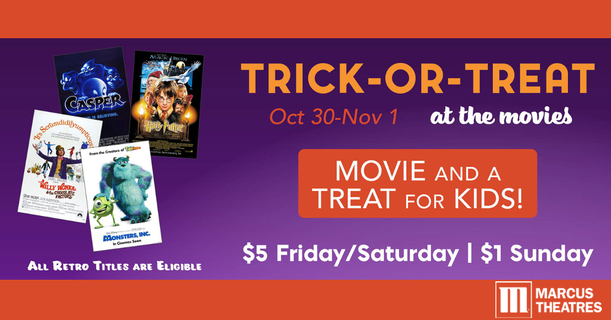 Things keep getting SPOOKIER! Grab the family and join us for our EXPANDED Trick-or-Treat at the Movies weekend!
October 30 - November 1 👉 Check out our BIGGER movie list tickets - $5 Friday/Saturday &amp; Only $1 on Sunday! bit.ly/3dync3F