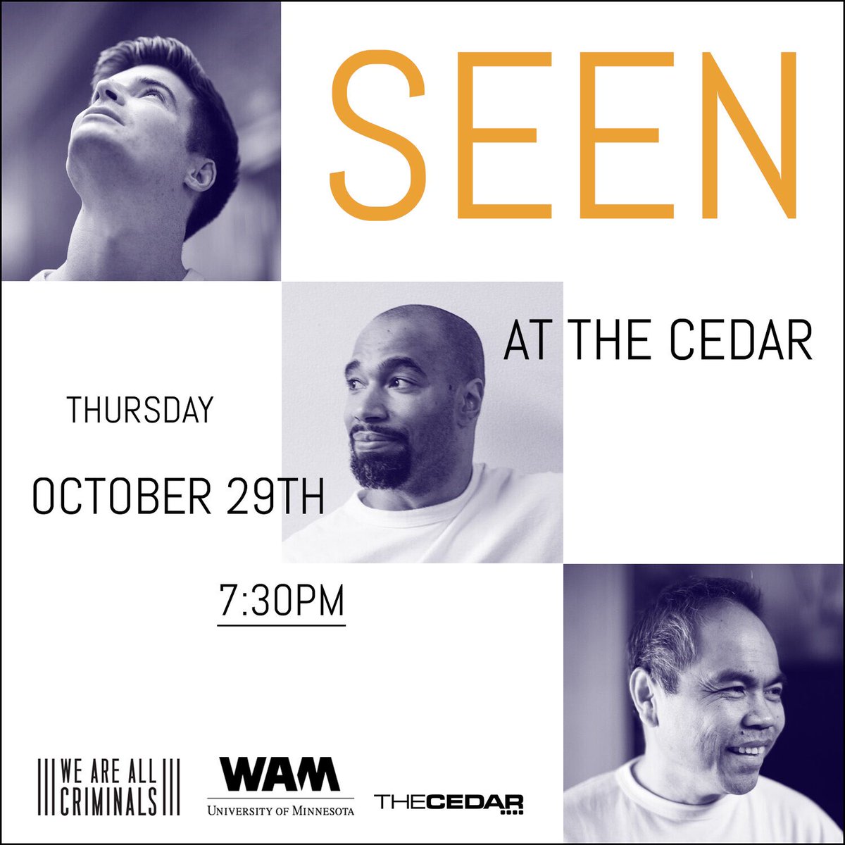 Tonight is the night.
Tune in to SEEN, a program from The Cedar Public Access Channel, curated by Ritika Ganguly, and a collaboration of <a href="/WAACriminals/">We Are All Criminals</a> and @weismanart 
Watch on our Facebook page or YouTube channel:

youtube.com/user/MadeofCed…