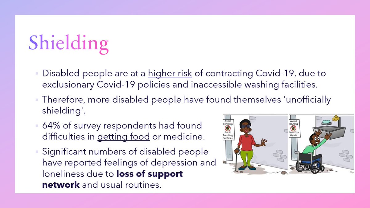 3) ShieldingThe advice has been to keep 2m apart. But, how can you distance from guides or caregivers? Shielding has also caused concerns in getting food - online shopping fails to prioritise us correctly. Research by  @InclusionScot linked at the end of this thread! 
