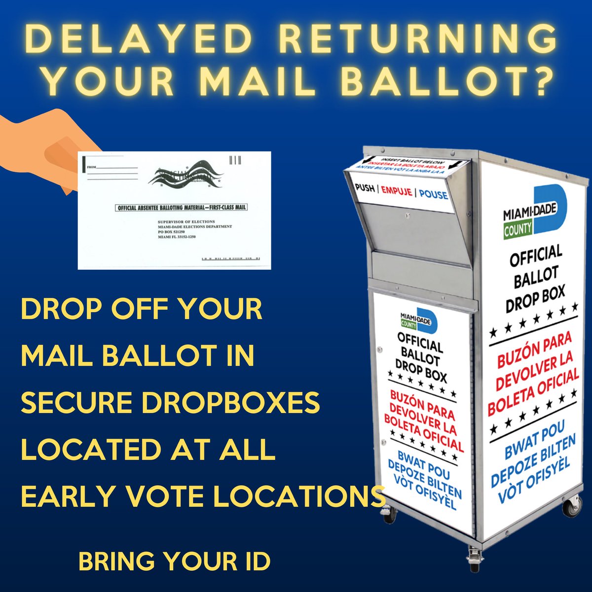 MayorLerner's tweet photo. DO NOT MAIL YOUR BALLOT! It is too late to mail for it to be counted on time.
FILL OUT #76 >>> SIGN >>> DROP OFF your ballot at any early vote location in Miami-Dade until November 1st! You can see all the early voting locations here: https://t.co/nqqqABG6ns
#TeamLerner #Vote76 https://t.co/AfGsyTpkux