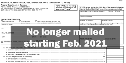 AZDORmedia's tweet photo. Beginning February 1, 2021, ADOR will stop mailing paper TPT-EZ returns to businesses. For details, visit https://t.co/BGxdPmqJfG https://t.co/bLLPQ2FdDK