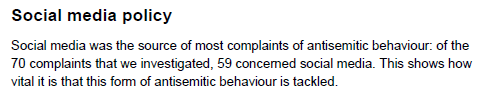 So here in the report saying specifically that repeated social media sharing of anti-Semitism was dismissed pre-2018.I wonder if all social media transphobia complaints are still currently being dismissed because we are not as publicly powerful in UK media so get it changed.