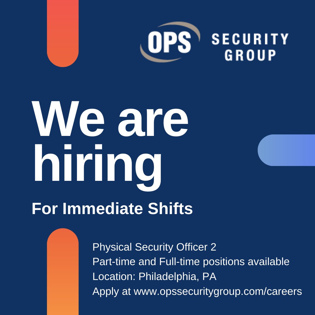 OPSProtect's tweet image. We are hiring for immediate shifts as a Physical Security Officer 2 with full- and part-time positions available. This is an in-person opportunity in Philadelphia, PA. Please apply at hubs.ly/H0yW3gB0. #careersinsecurity #jobsinsecurity #Philadelphiajobseekers
