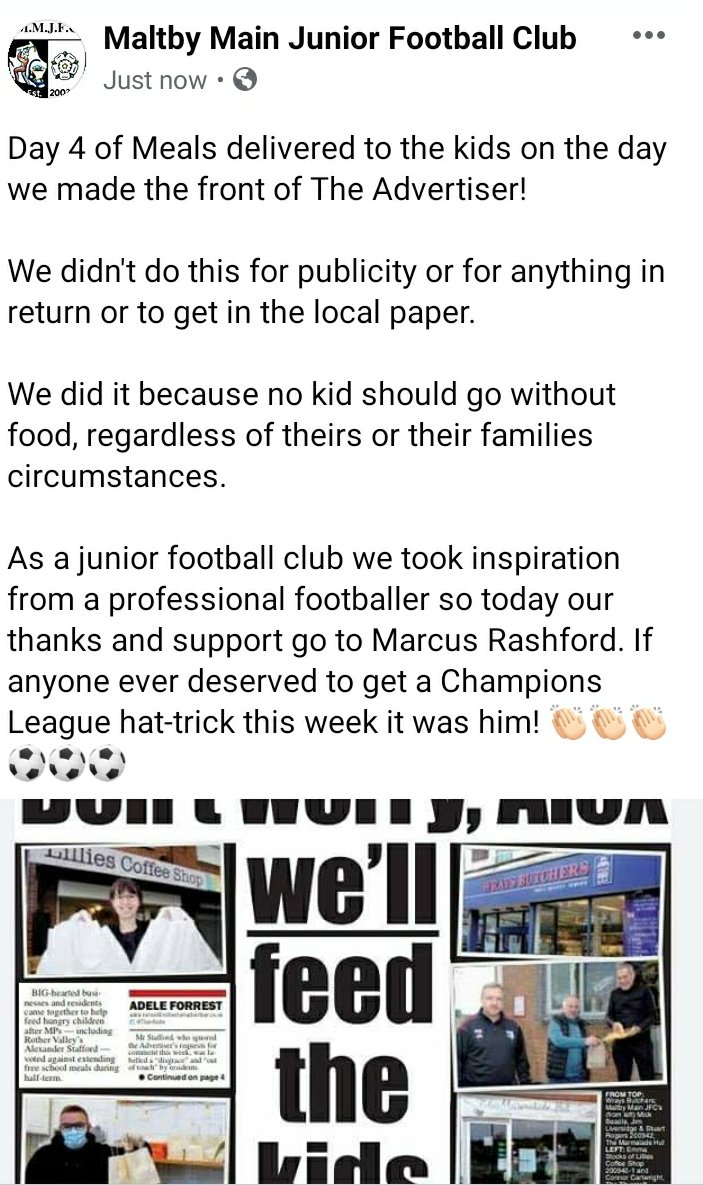 Maltby Main JFC (@maltbymainjfc) on Twitter photo Meals for Maltby Kids!
We took our inspiration from <a href="/MarcusRashford/">Marcus Rashford</a>
#ENDCHILDFOODPOVERTY Meals for Maltby Kids!
We took our inspiration from <a href="/MarcusRashford/">Marcus Rashford</a>
#ENDCHILDFOODPOVERTY