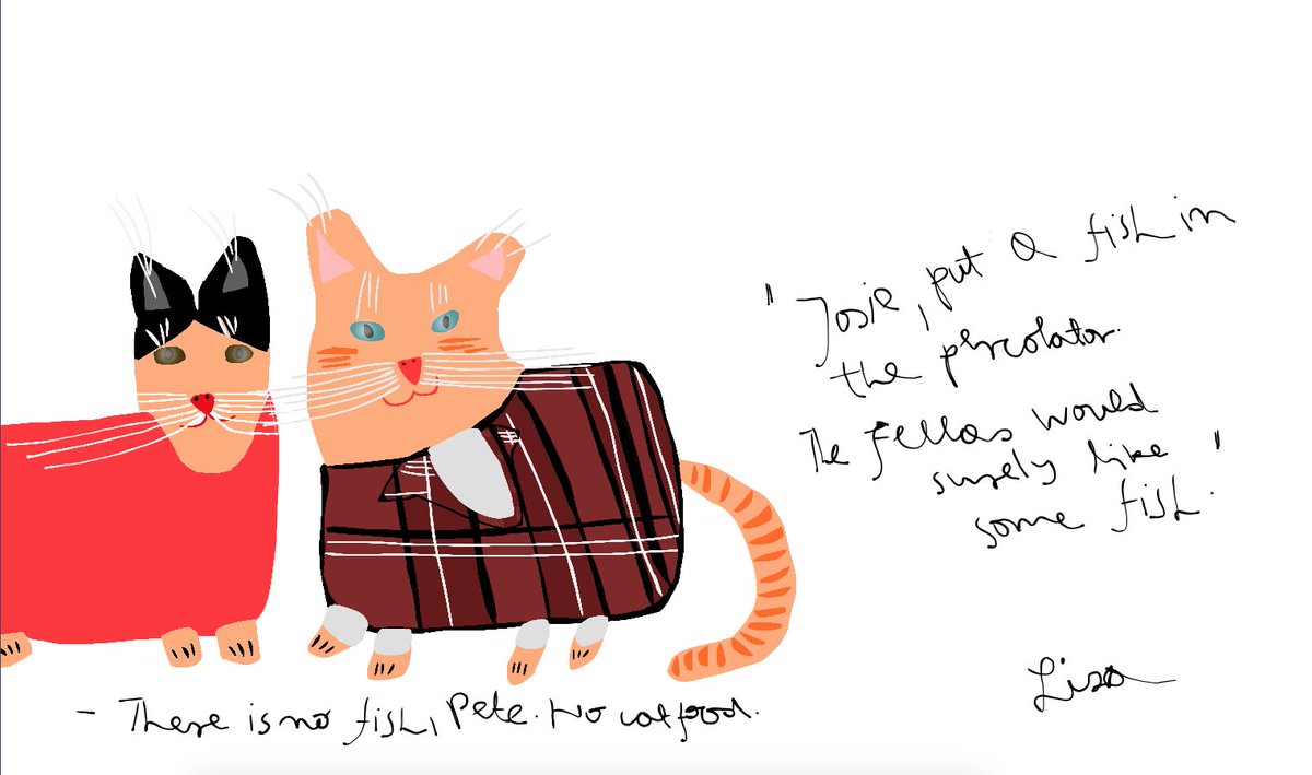  #CatsOfTwinPeaks #20Josie Packard (Joan Chen) & Pete Martell (Jack Nance) as cats. Yes, I turned the scene on its head, but don't forget the fellas Coop & Harry are now cats.The 2nd reposting- once a typo, another time I noticed sloppiness. Another drawing coming up today.