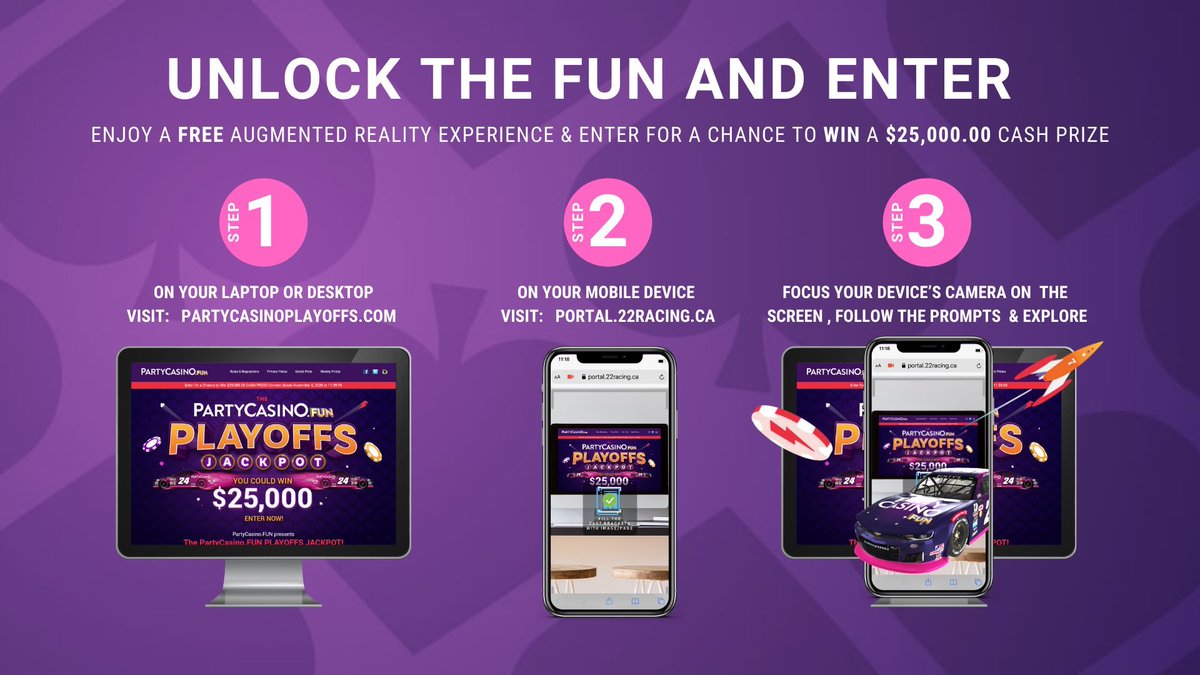 22RacingTeam's tweet image. Use our #augmentreality portal on @PartycasinoFun&apos;s contest site to find a hidden treat🏎️

1 On a computer visit partycasinoplayoffs.com
2 On your mobile phone visit portal.22racing.ca 
3 Point your phone’s camera at the computer screen, fill the brackets &amp;amp; unlock the fun!