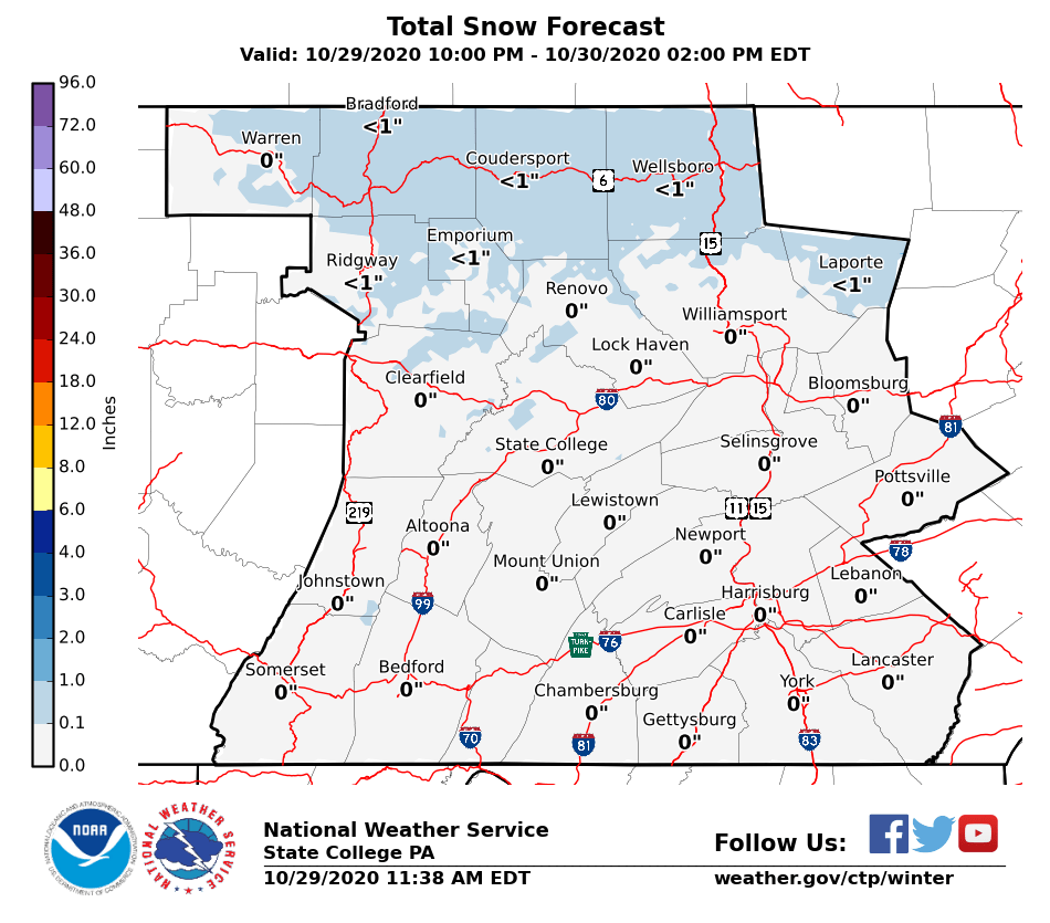 NWSStateCollege's tweet photo. Turing colder after today's soaking. A changeover to snow is expected across the northern mountains overnight, with only minor accumulations expected. After that, a widespread freeze is expected Saturday morning, ending the growing season for the remainder of central PA. #ctpwx https://t.co/RwQqbuaZdb