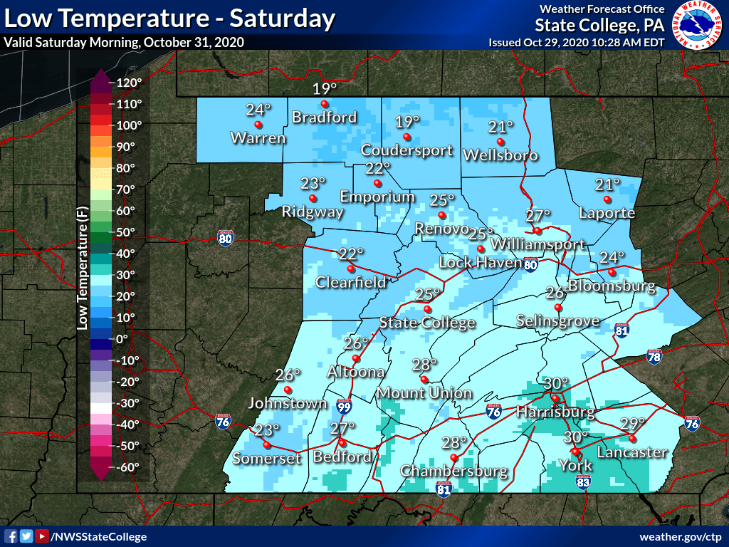 NWSStateCollege's tweet photo. Turing colder after today's soaking. A changeover to snow is expected across the northern mountains overnight, with only minor accumulations expected. After that, a widespread freeze is expected Saturday morning, ending the growing season for the remainder of central PA. #ctpwx https://t.co/RwQqbuaZdb