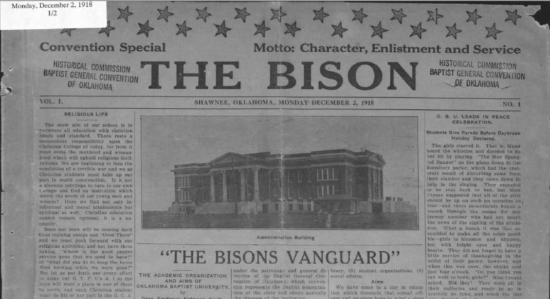 OBULibrary's tweet photo. Did you know our archives hold old editions of The Bison? This is an image of one of the oldest digitised editions we hold, from December 1918.
Find this and other editions here: https://t.co/jBfMaRgesN
#TBThursday #obuarchives #okbu #obubison https://t.co/sgWpY5D39u