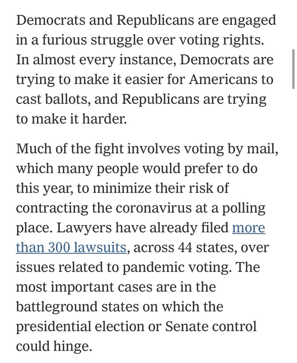 “In almost every instance, Democrats are trying to make it easier for Americans to cast ballots, & Republicans are trying to make it harder.” Credit to  @DLeonhardt for clear reporting:  https://www.nytimes.com/2020/10/28/briefing/los-angeles-dodgers-hurricane-zeta-keith-raniere.html But it’s missing the context of the  @GOP’s hard turn to illiberalism.