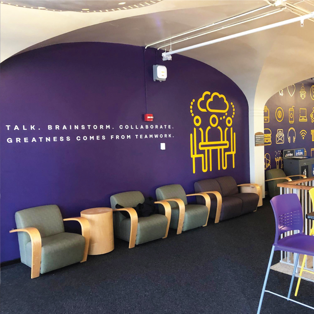goDataflow's tweet photo. These wall graphics were accomplished using cut vinyl specifically in UAlbany's signature gold color. The process turned what were originally bland purple walls into a stimulating mural for the students hard at work. #GoDataFlow #custom #graphicdesign #branding #design #branding https://t.co/jqsPJlxDZB