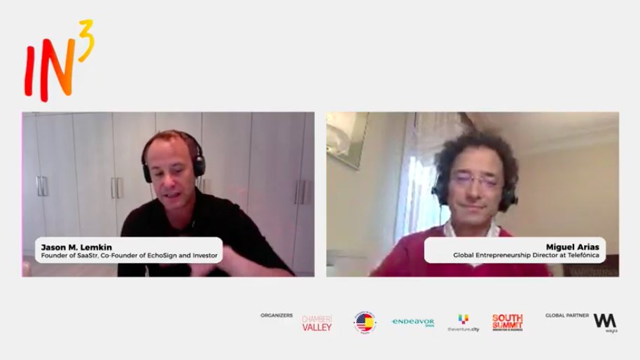 We want to thank you <a href="/jasonlk/">Jason ✨👾SaaStr.Ai✨ Lemkin</a> for being part of this new edition of #IN3Spain and thank you <a href="/mike_arias/">Miguel Arias</a> (Global Entrepreneurship Director at <a href="/Telefonica/">Telefónica</a>) for making this conversation possible.