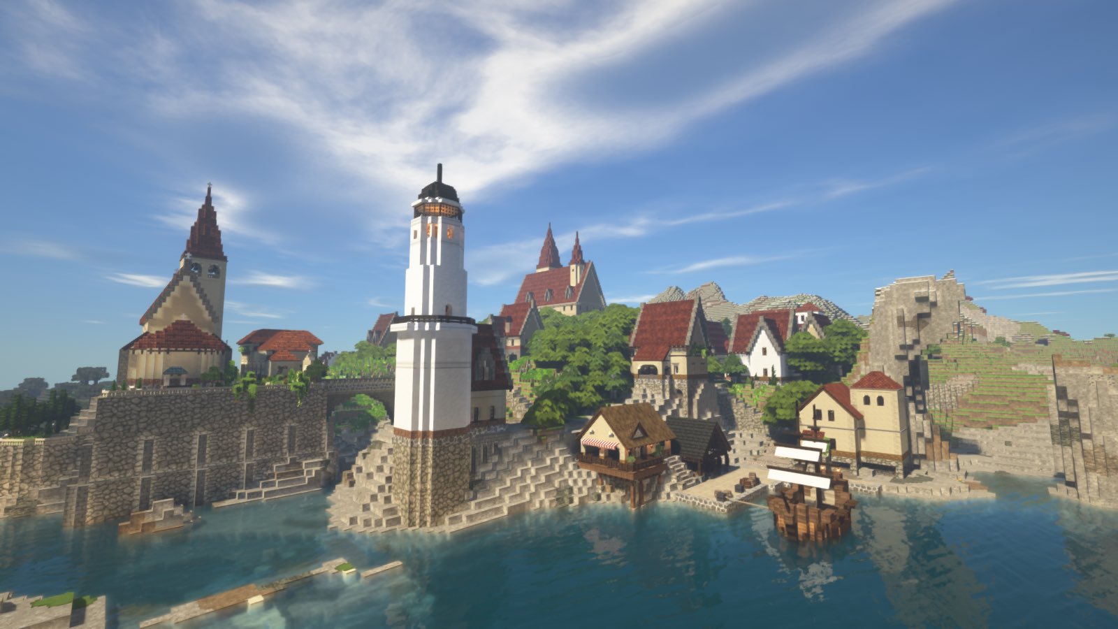 柚子 今日は港に灯台を建てました 帆船の古さと灯台のモダンさが若干ズレてる気もするけど まあ細かいことはいいや 夜のssも撮ってみましたが この敢えて明るくない感じが田舎の村って感じで気に入っています 映えないけど 笑 Minecraft マイン