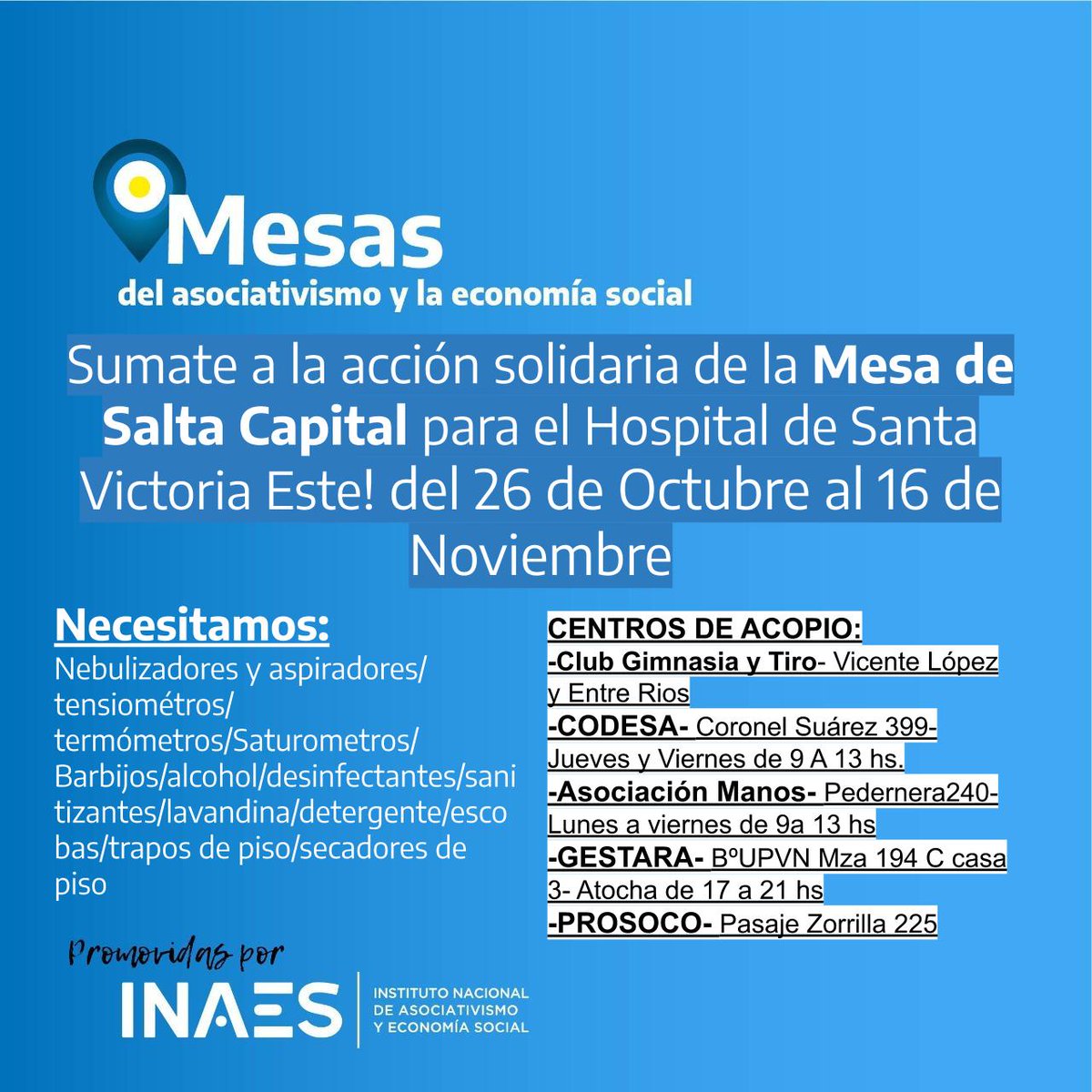 Desde 🔷 #GESTARA Salta 🔷 te invitamos a sumarte a la COLECTA SOLIDARIA para el HOSPITAL DE SANTA VICTORIA ESTE que se realizará desde el 26 de octubre al 6 de noviembre.
Solicitamos y agradecemos la participación y difusión de todas y todos; muchas gracias ‼️🙌✊🇦🇷