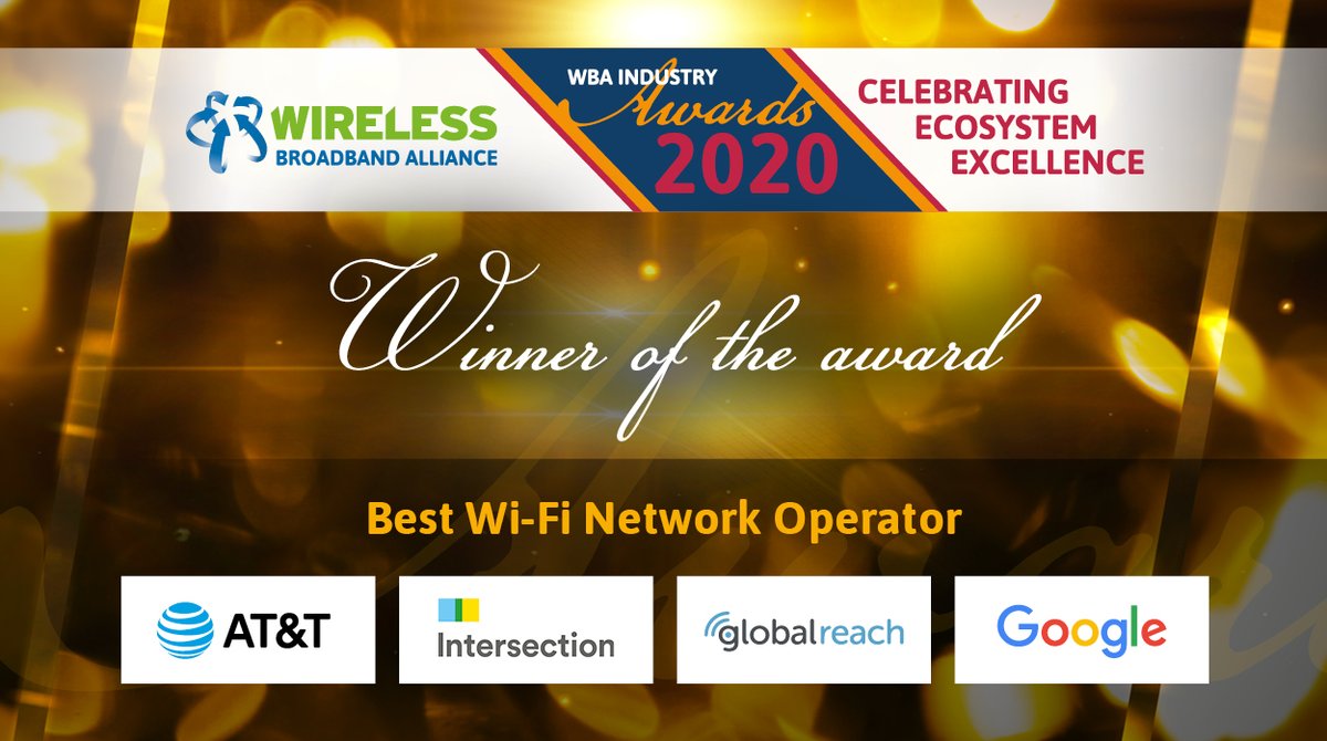 WBAlliance's tweet photo. And the winners of the Best Wi-Fi Network Operator award: @ATT, @GlobalReachTech, @Google and @intersection_co for Passpoint Wi-Fi Offload Between AT&T & GlobalReach Technology, with Google on to Intersection’s High-Speed Wi-Fi in New York City! https://t.co/40XIX7FVF9