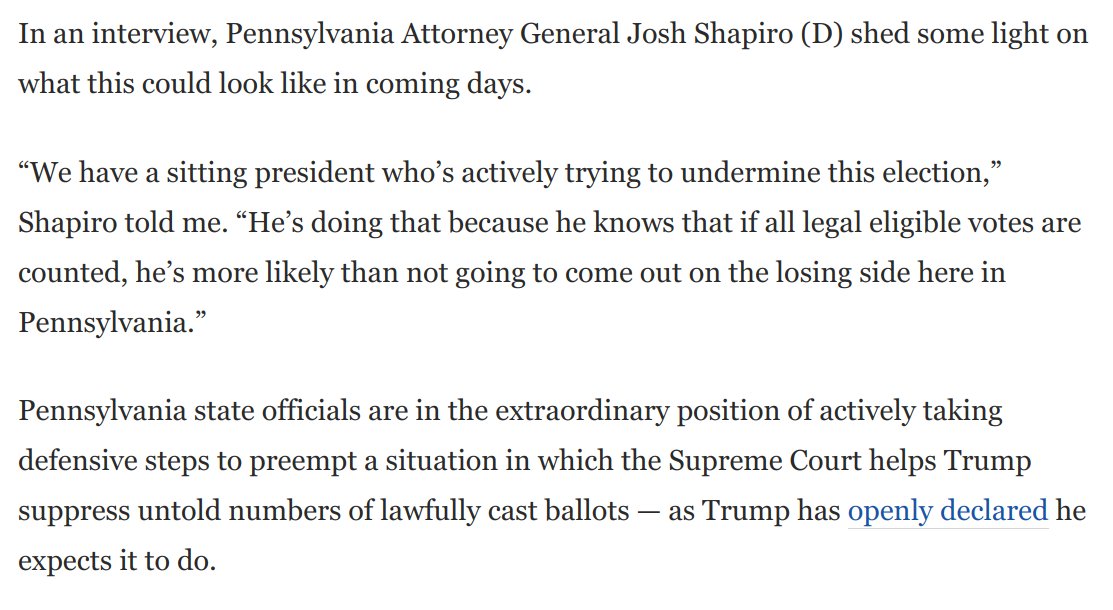 It's amazing, but here we are:Pennsylvania state officials are in the position of taking active *defensive* steps to prevent SCOTUS from helping Trump invalidate millions of lawful ballots.I talked to the Pennsylvania attorney general about this: https://www.washingtonpost.com/opinions/2020/10/29/trumps-effort-steal-election-explained-by-democrat-fighting-against-it/