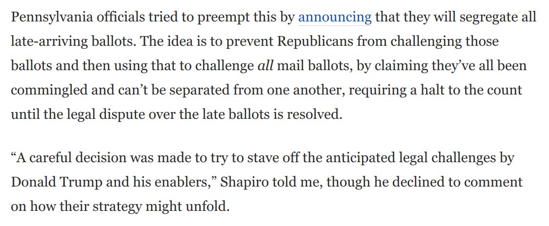 It's amazing, but here we are:Pennsylvania state officials are in the position of taking active *defensive* steps to prevent SCOTUS from helping Trump invalidate millions of lawful ballots.I talked to the Pennsylvania attorney general about this: https://www.washingtonpost.com/opinions/2020/10/29/trumps-effort-steal-election-explained-by-democrat-fighting-against-it/