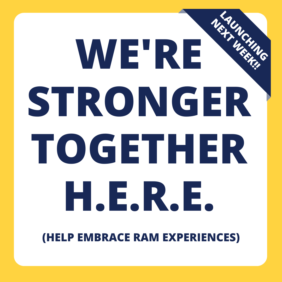 ‼️ 2020 is stressful! We have all experienced the email fatigue, the Buzzfeed quiz fatigue, the social media fatigue... and maybe even banana bread fatigue. We're Stronger Together H.E.R.E. (Help Embrace Ram Experiences) is an initiative to help our students and staff and faculty