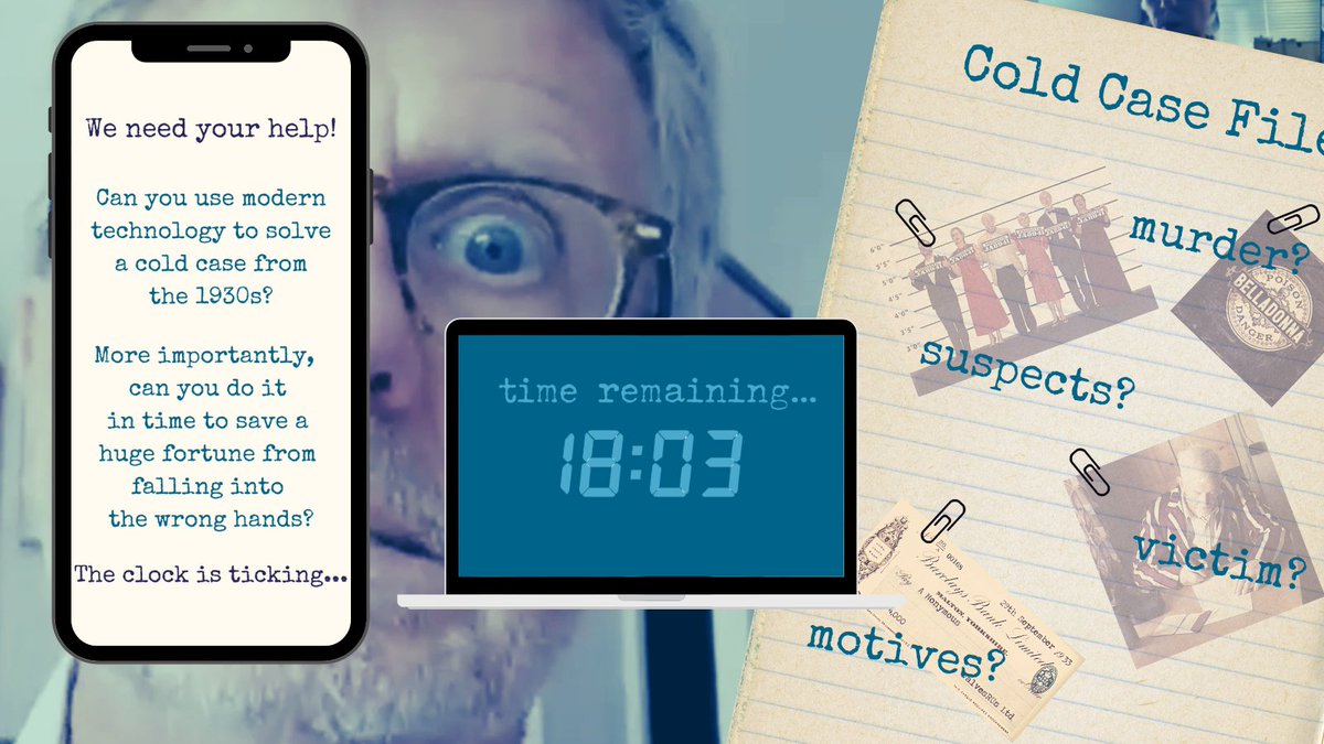 DeadHerringUK's tweet photo. Can you use modern technology to solve a cold case from the 1930s?
More importantly, can you do it in time to save a huge fortune from falling into the wrong hands?
The clock is ticking...
#virtualescaperoom #escaperoom #onlinescaperoom
https://t.co/BSnFJc3jqi https://t.co/hNzy0pmnRV