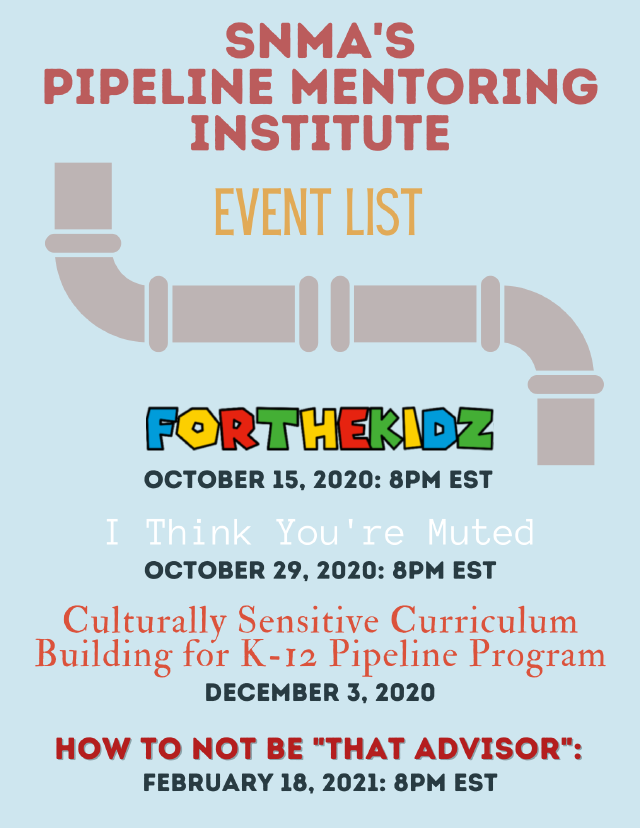 SNMA's tweet photo. See you TONIGHT at 8pm EST as we rethink mentorship and support for youth in this new virtual world! Zoom webinar will host PMI student leaders.
Contact: pmi@snma.org for questions.
#SNMAServes #SNMA #Pipeline #URM #WCBD
Registration here:
https://t.co/TnZdS6rr6J https://t.co/e4JH9n0mht