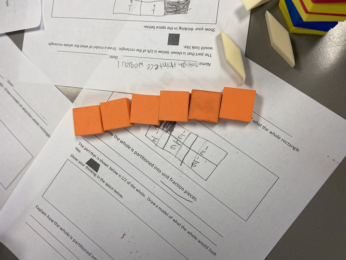 ahbragan's tweet image. Pattern blocks are making exploration meaningful again! Ms. Caldwell’s class is engaging in productive struggle to determine the whole if an orange square represents 1/6. @JCElem_RCS