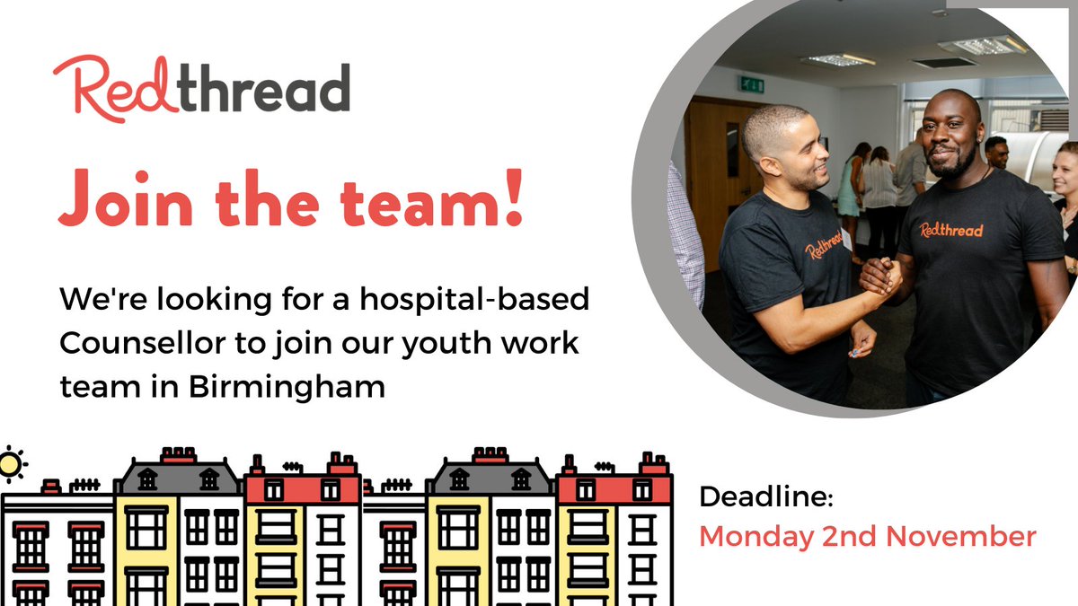 We are looking for a hospital-based Counsellor to join our #Birmingham team! You'll be part of our Youth Violence Intervention Programme and will work across Queen Elizabeth Hospital, Birmingham Children’s Hospital and Heartlands Hospital. Apply here: redthread.org.uk/join-the-team/