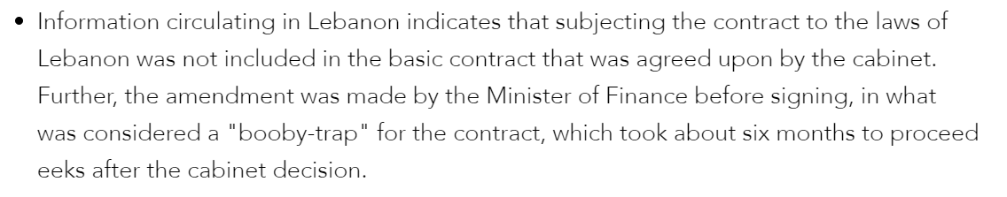 13/ This ridiculous idea needs to go away. Subjecting the contract to Lebanese law makes ABSOLUTELY NO DIFFERENCE. BDL and MOF have to comply with Lebanese law REGARDLESS of what the contract says! This is pure distraction.