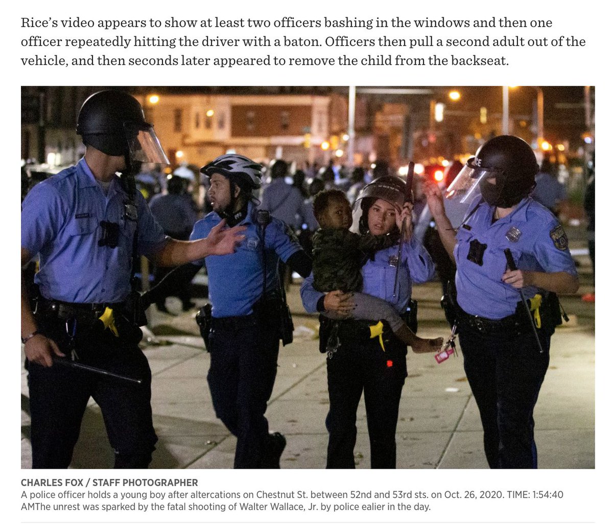 There's a bit of a discrepancy here.The FOP says this child was “lost” and “wondering around barefoot” in Philly.But the Inquirer included photos of the pair (since removed) in a story about cops smashing windows, beating a driver, and seizing a kid. https://www.inquirer.com/news/philadelphia-police-car-video-west-unrest-child-backseat-20201028.html