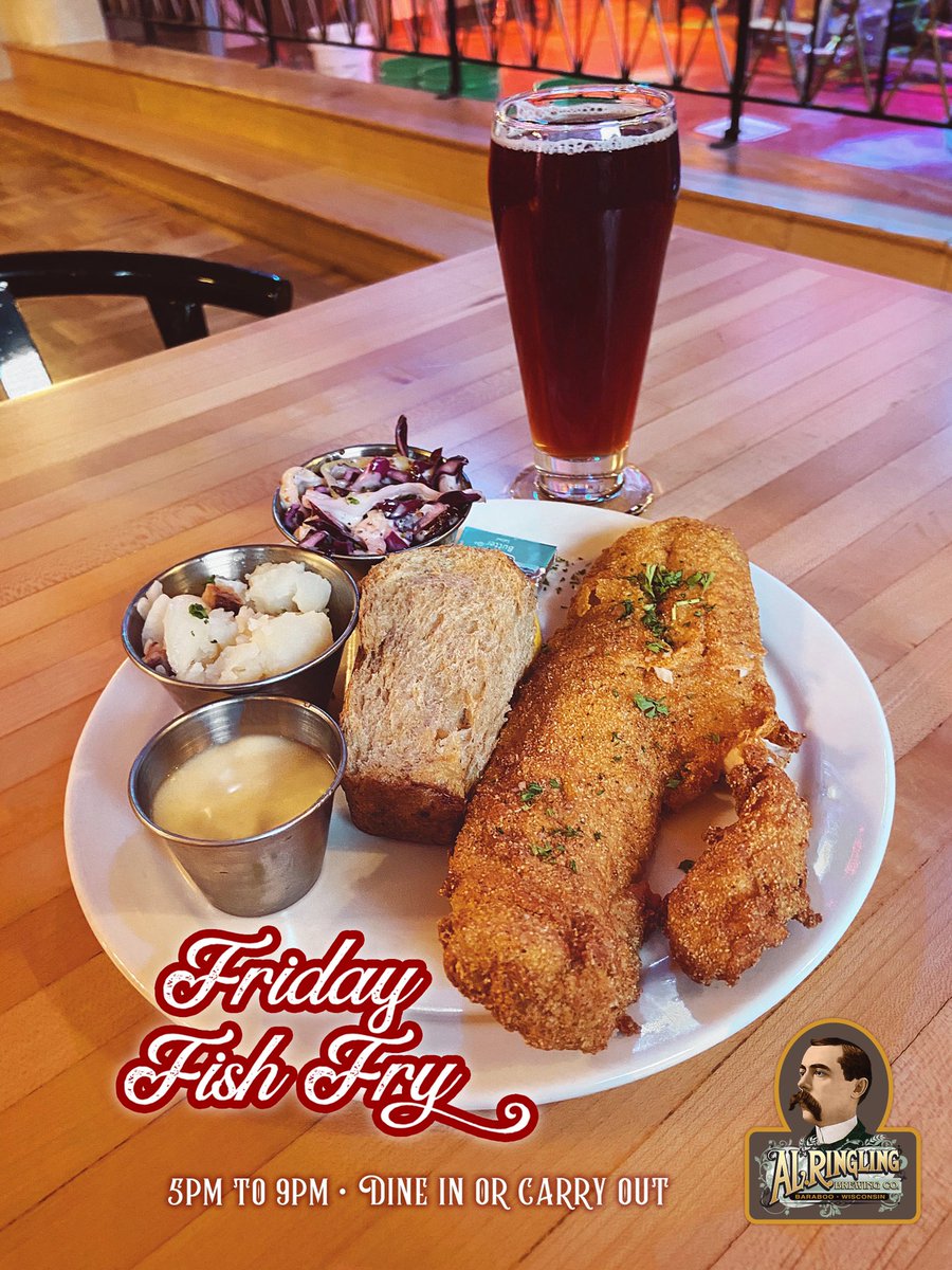 ringlingbrewing's tweet photo. Join us tomorrow for Friday Fish Fry from 5-9pm. 🍽 10 oz Walleye fillet, pan or deep fried $14.99; and Icelandic Cod, deep fried or baked in lemon butter - 2 pieces $9.99 or 3 pieces $11.99.

CARRYOUT
Call us at ☎️ 608-448-4013

#alringlingbrewingco 🍺 #downtownbaraboo https://t.co/LMEPAoQNa8