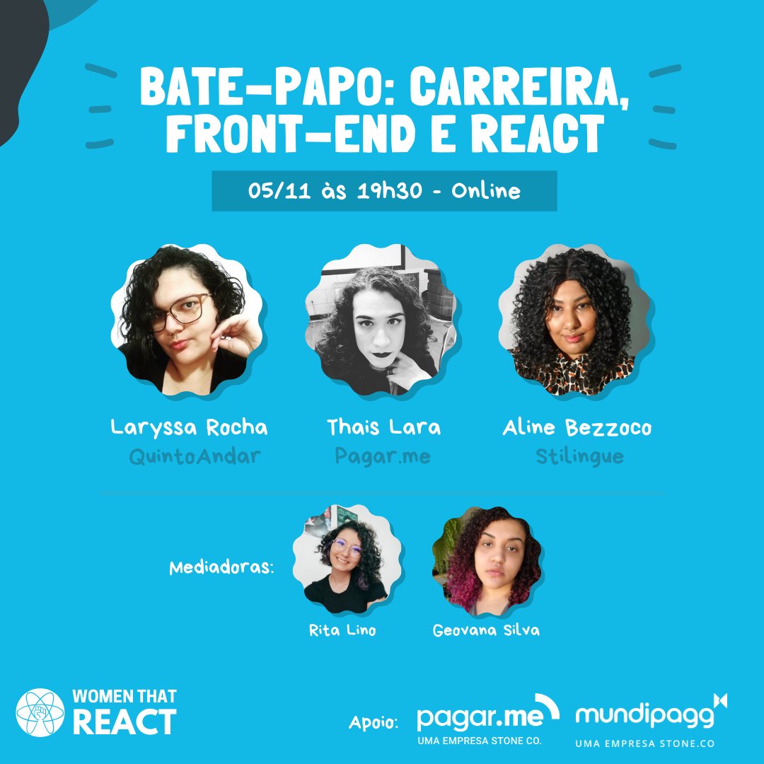 womenthatreact's tweet photo. O front-end é lindo mas às vezes confuso e gera muitas dúvidas. Vamos marcar nossa volta em um bate-papo com mulheres desenvolvedoras experientes pra tirar dúvidas sobre carreira, front-end e React! BORA? Evento aberto ao público em geral!

Inscrições: https://t.co/S1GpJ7gjWd https://t.co/HJ4SV5AwQU