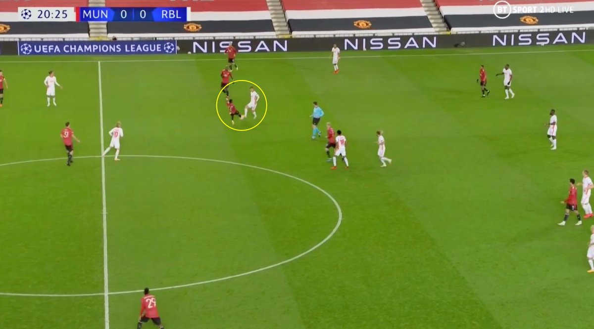 2. Quick Transitions. The first goal: (A) Fred wins the tackle and recovers the ball. (B) With RB’s midfield dragged to the right, Pogba receives the ball and has space to attack. (C) He lays it out beautifully accurate to Mason making the run. (D) One shot, One goal.