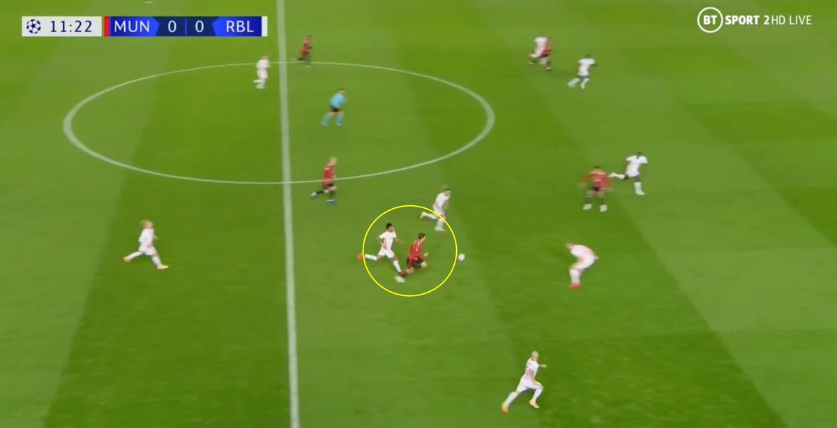 3. Beating the press. Towards the end of last season’s campaign, MUN struggled when pressed. Against RB, United broke the press in multiple ways: (A) Lindelof carrying the ball forward to the opposition’s half and dragging players with him.