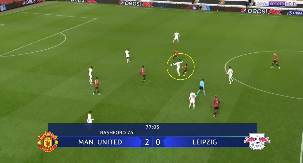 5. Offensive Press.The third goal was all initiated by MUN’s effective press. (A) Fred pushes up and wins the ball back from Sabitzer’s heavy touch. (B) Rashford’s excellent dribbling and close control of the ball leaves Upa behind and creates a 1v1.(C) Clinical finish.