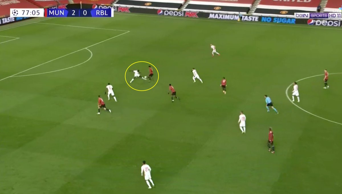 5. Offensive Press.The third goal was all initiated by MUN’s effective press. (A) Fred pushes up and wins the ball back from Sabitzer’s heavy touch. (B) Rashford’s excellent dribbling and close control of the ball leaves Upa behind and creates a 1v1.(C) Clinical finish.