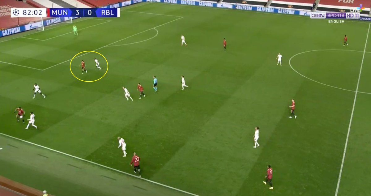 6. Cavani’s Movement. Look at Cavani’s positioning and movement here — and how far he drags Upamecano to create space centrally. Through a silk pass by Martial and by a quick turn, he sets himself on goal. Beautiful piece of play.