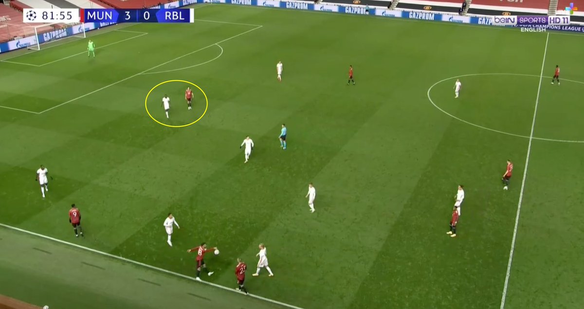6. Cavani’s Movement. Look at Cavani’s positioning and movement here — and how far he drags Upamecano to create space centrally. Through a silk pass by Martial and by a quick turn, he sets himself on goal. Beautiful piece of play.