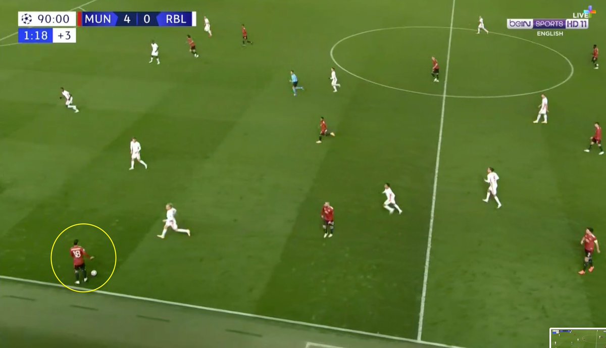 7. Five- United. Let’s look at how the final goal is set up. (A) Maguire intercepts the cross and recovers the ball. (B) Bruno lays it off to Martial and then makes a run to drag the opposition player — creating space.(C) Martial’s incisive pass.(D) Boom.