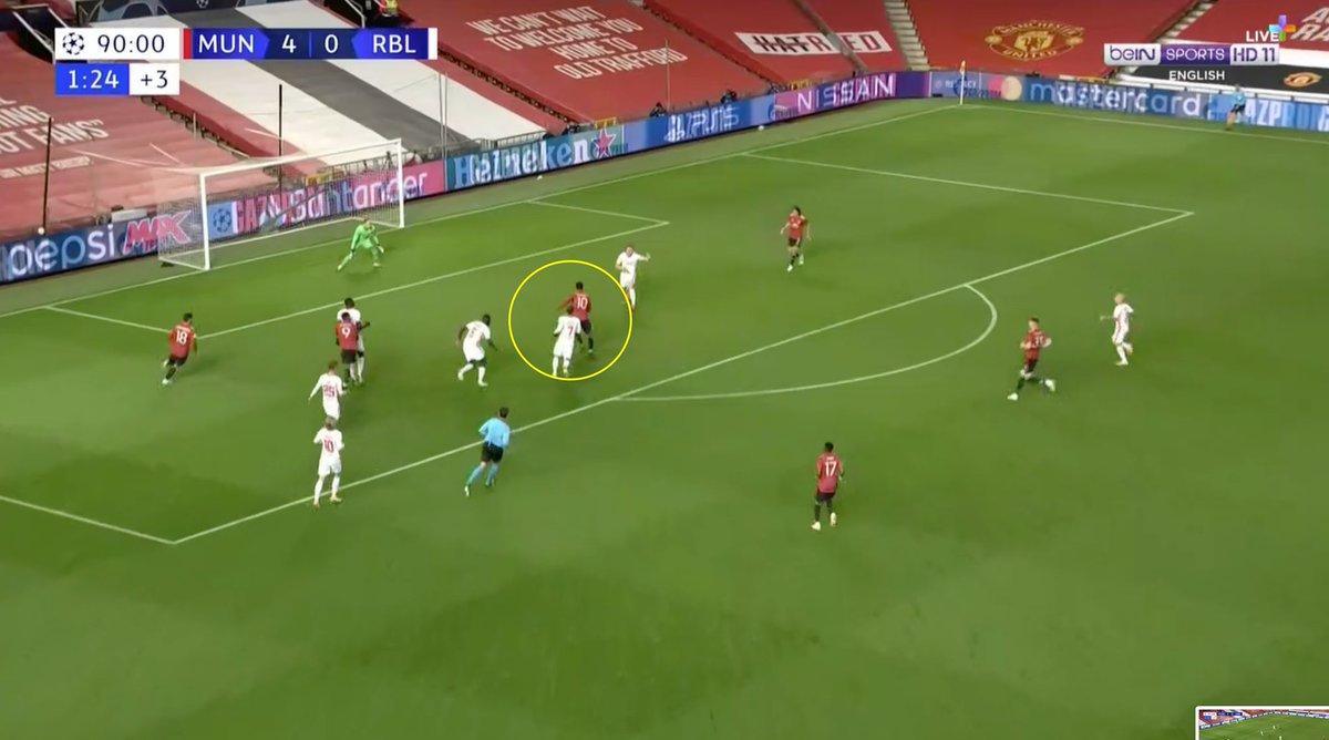 7. Five- United. Let’s look at how the final goal is set up. (A) Maguire intercepts the cross and recovers the ball. (B) Bruno lays it off to Martial and then makes a run to drag the opposition player — creating space.(C) Martial’s incisive pass.(D) Boom.