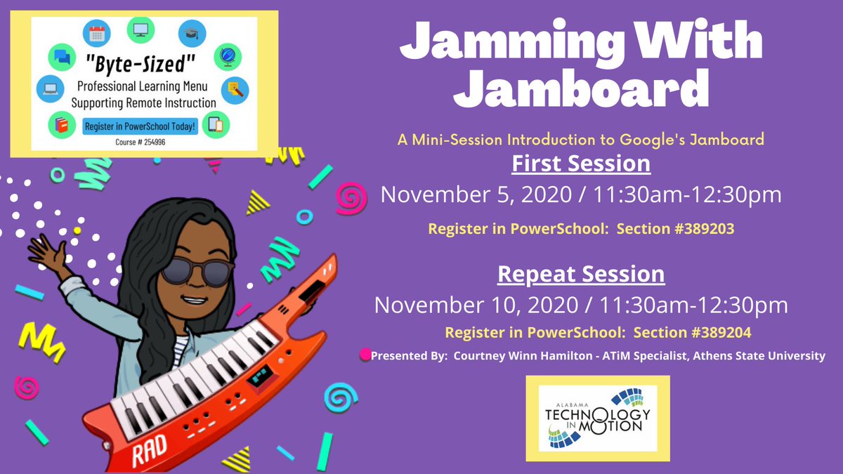 winningeducator's tweet photo. ALABAMA TEACHERS...
Come JAM πΈ with me as we explore and learn more about Google Jamboards (digital whiteboards)! This session will be offered on two different days- SEE BELOW β¬οΈ
@atimpd @AthensStateRIC @AlabamaAchieves #atimpd #bytesizedpd #virtuallearning #distancelearning https://t.co/QUCHm2L7Qb