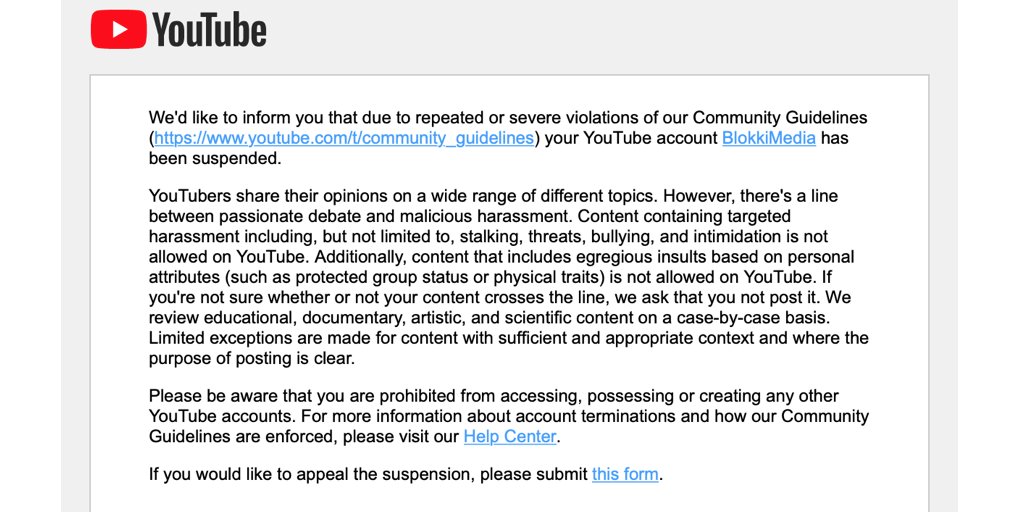 BlokkiMedia's tweet image. Youtube poisti BlokkiMedia-kanavan. Kaikki videot on edelleen nähtävissä lbry-kanavallani (lbry.tv/@blokkimedia:f) ja lisää infoa löytyy myös nettisivuiltani (blokkimedia.net).

#OverTheTarget #sananvapaus